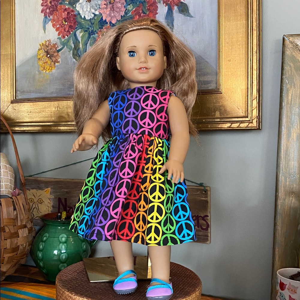 American Girl Doll 18” with Peace Loving Dress and matching shoes